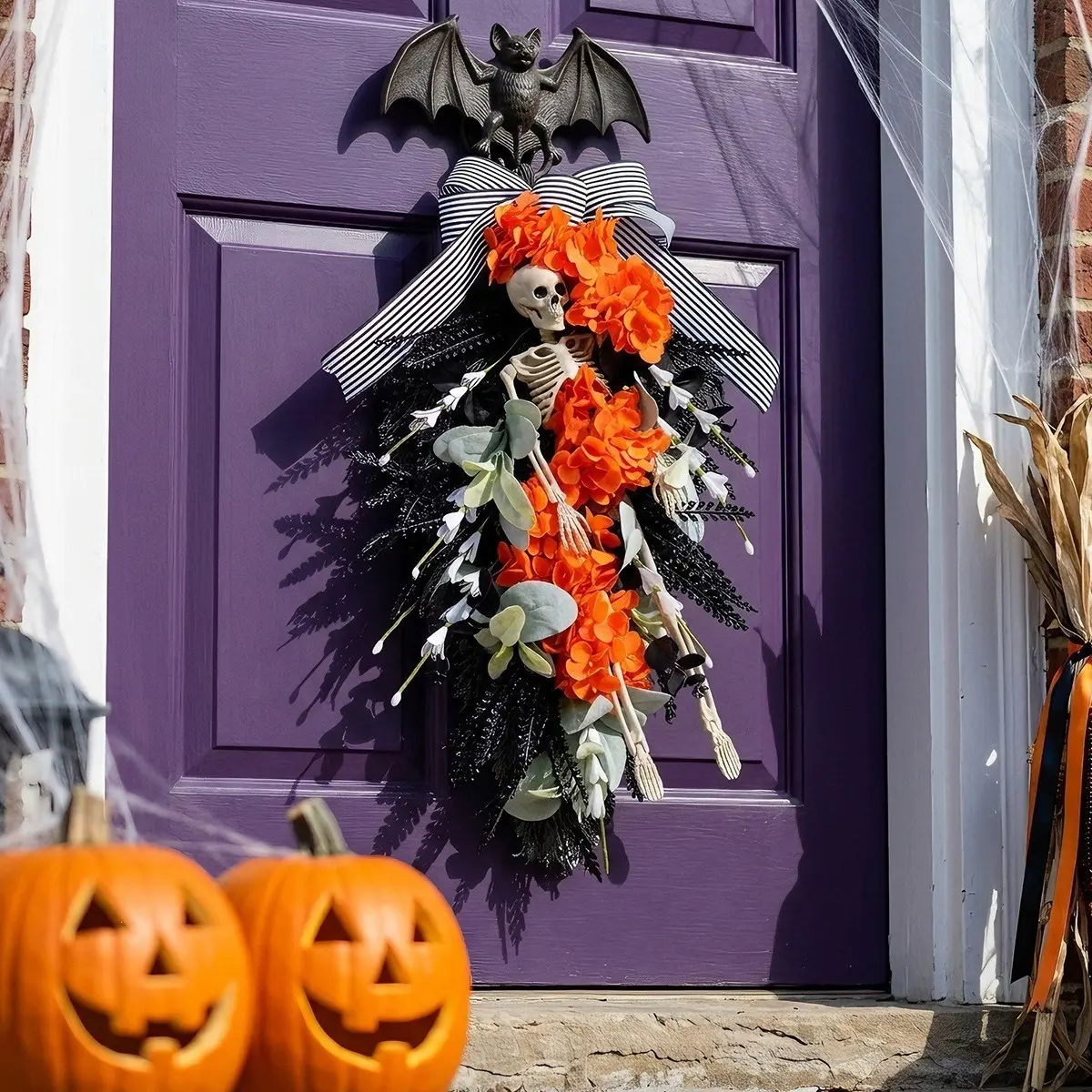 Halloween Skull Flower Hanging Decoration, Halloween Floral Wreath, Festive Day Decor, Halloween Ornament, Unique Party Accessory