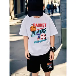 NEW YORK CITY American Basketball Champion Letter Print Casual Versatile Summer Two-Piece Set. Soft And Comfortable Round-Neck Short-Sleeve T-Shirt And Shorts Set. Unisex Trendy Fashion Top And Pants Combination for Kids. Suitable for Daily Wear