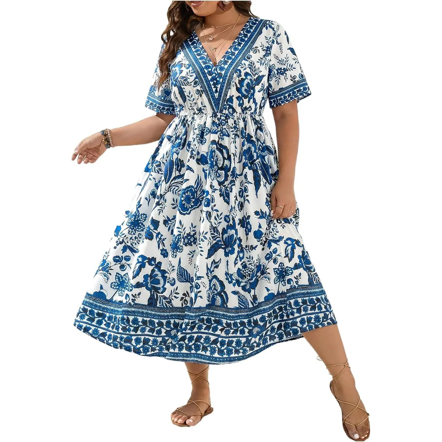Women's Plus Size Bohemian Hawaiian Tropical V-Neck Short-Sleeve Floral A-Line Long Dress, Vacation Beach Clothes
