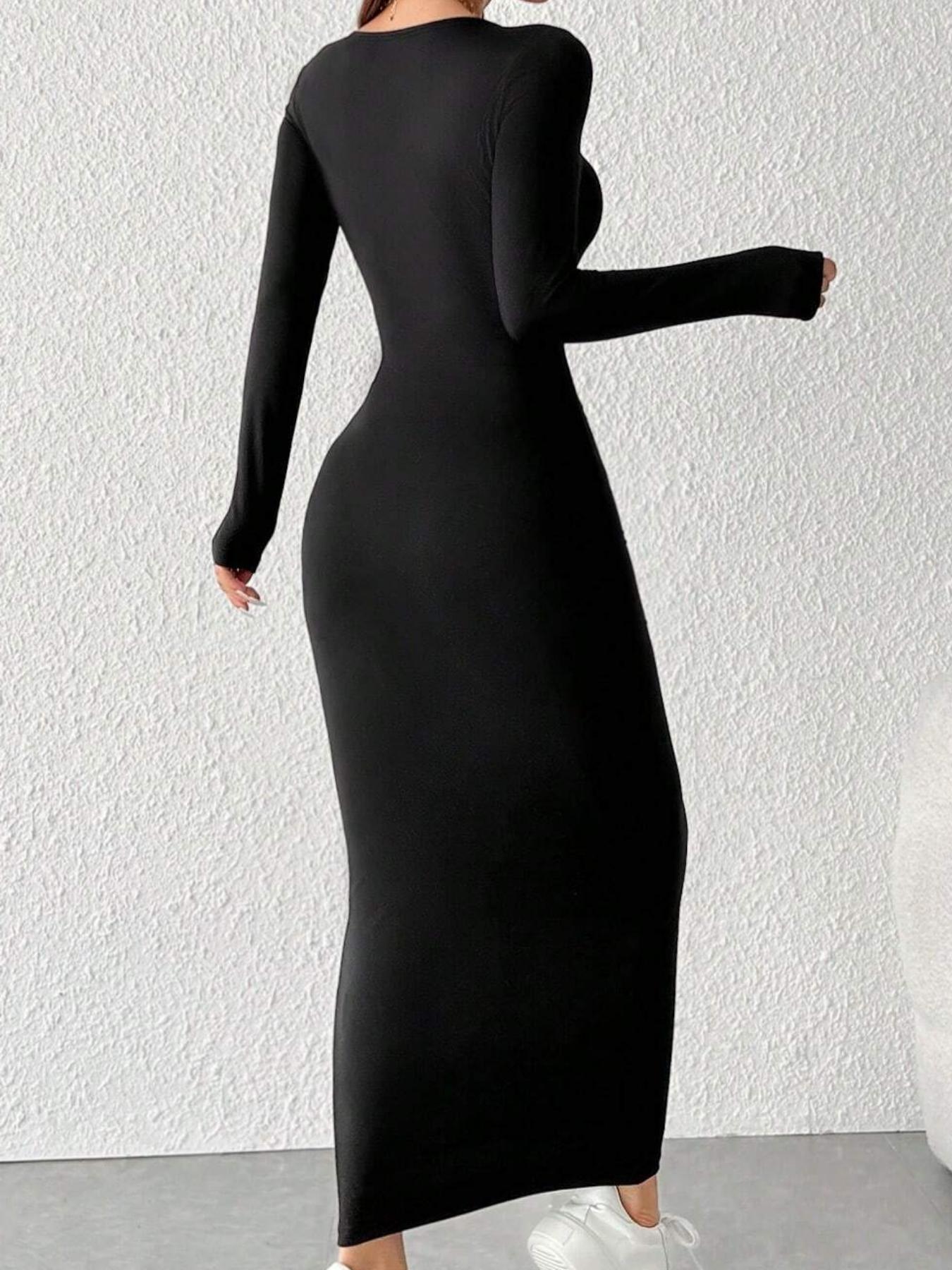 Women's Solid Long Sleeve Slim Bodycon Dress, Chic Basic Minimalist Casual Fashion Scoop Neck Long Dress for Daily Outdoor Wear, Ladies Dress for Spring & Fall