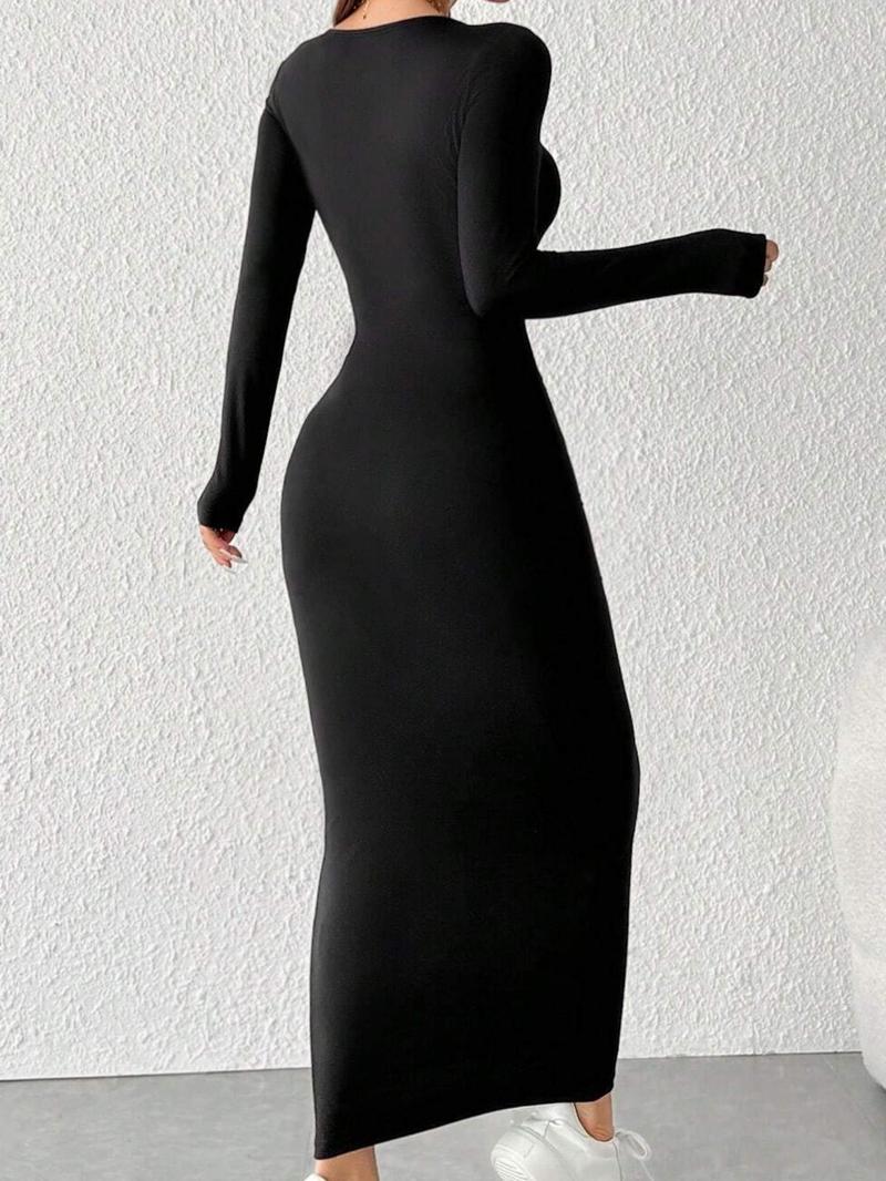 Women's Solid Long Sleeve Bodycon Dress, Chic Basic Minimalist Casual Fashion Scoop Neck Long Dress for Daily Outdoor Wear, Ladies Dress for Spring & Fall