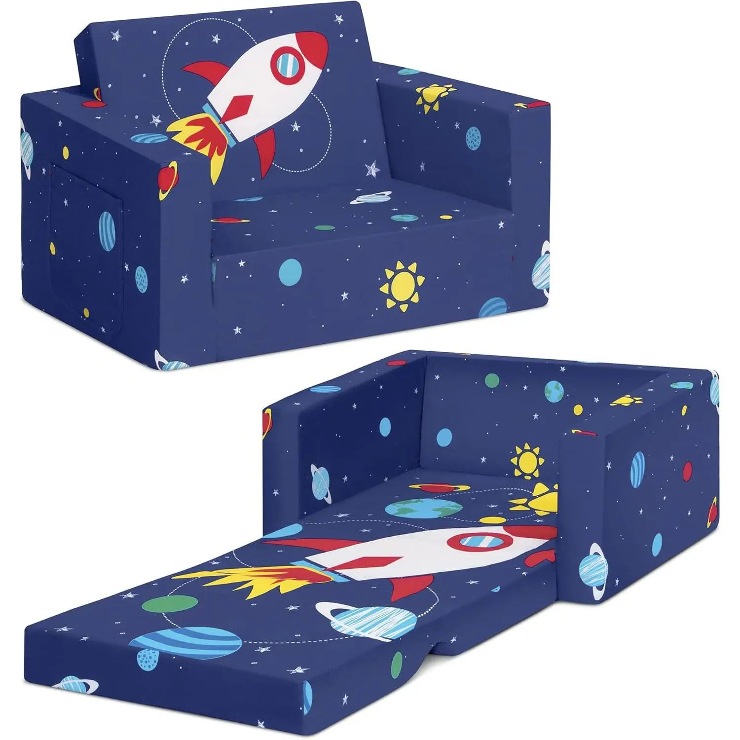 Space Themed Rectangular Kids 2-Seat Convertible 2-in-1 Flip Open Sofa Sleeper with Rocket Print, Foam Lounger for Bedroom, Comfy Baby & Toddler Play Sleeping Chair, Space Themed Bedroom, Foam Chair