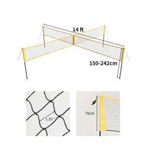 All-in-One 4 Square 14FT Four-Way Volleyball Net Set, 3 Height Adjustable Portable Outdoor Beach Backyard Game, Full Accessories Including Ball, Pump, Hammer & Storage Bag, Ideal Entertainment for Family, Teens and Adults