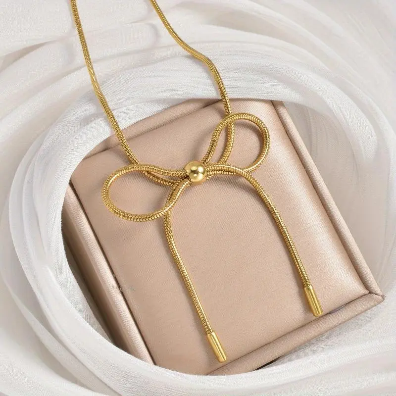 Unisex Minimalist Dainty Bow Collarbone Necklace - Finely Crafted 1-Piece Polyester Fiber Bow Pendant Chain, Elegant Casual Costume Jewelry for Wedding, Gifting, One-Piece
