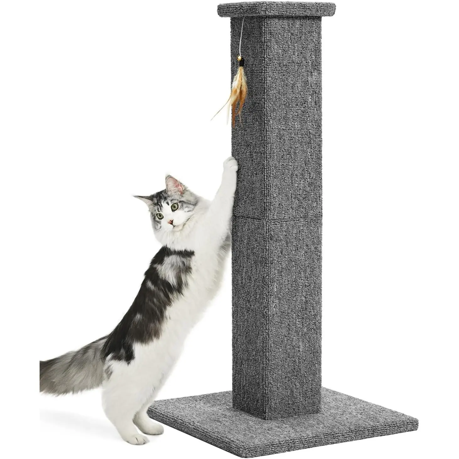 Cat Scratching Post, 32 Inch Carpet Covered Cat Scratcher with Kitten Toy, Tall Scratching Post for Indoor Cats Adults and Kittens, Grey