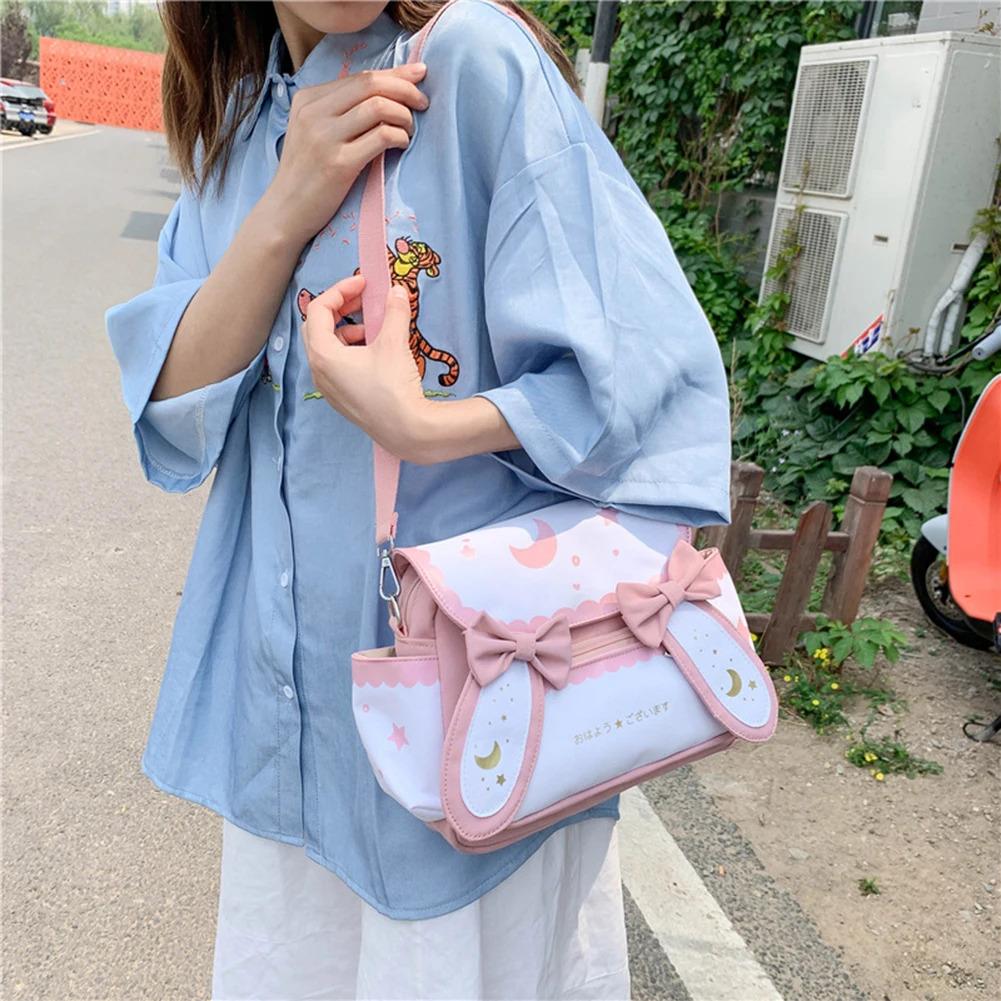 Y2K Cute Girl Lolita Bow Rabbit Shoulder Bag Women Star Moon Canvas Crossbody Bags Korean Kawaii Satchel Bag Sweet Messenger Bag