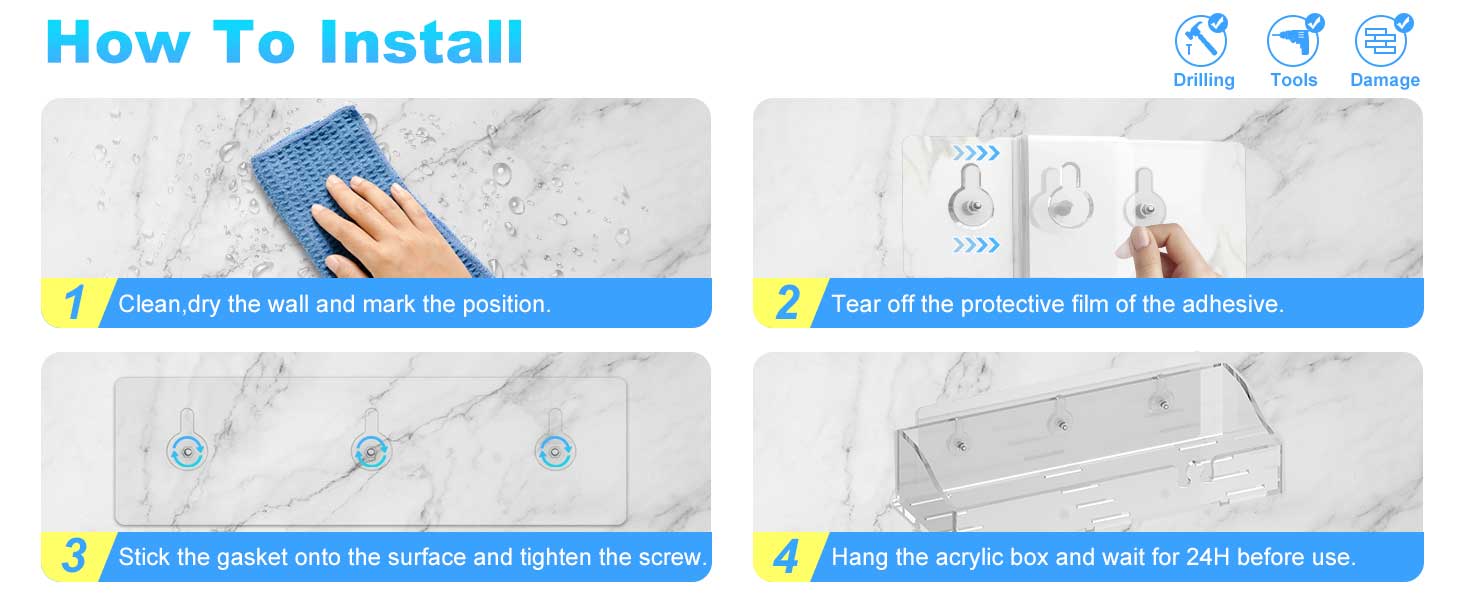 Acrylic Shower Shelves 3 Pack, Clear Adhesive Shower Organizer - No-Drill Wall Mount Storage Rack, Versatile Caddy for Bathroom & Kitchen (Transparent)