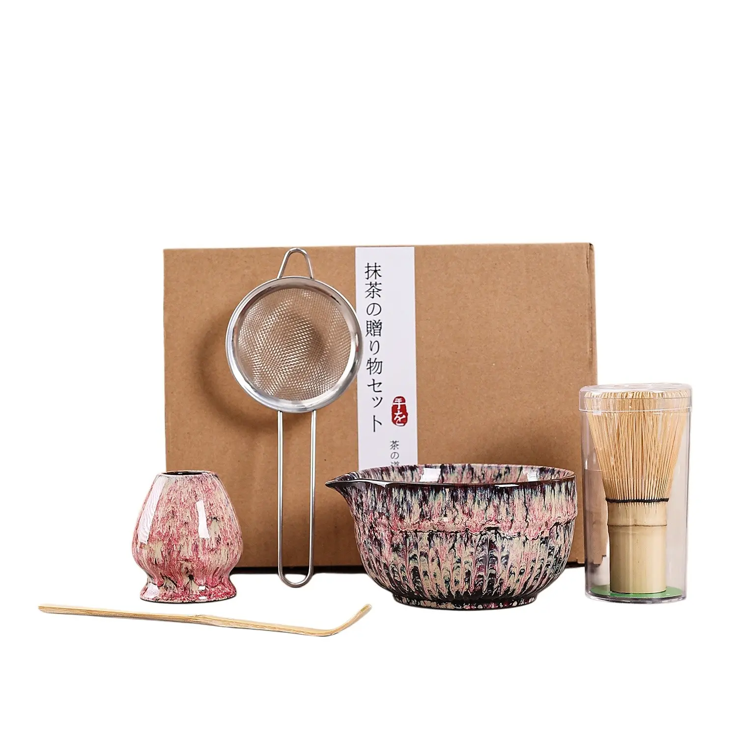 Cherry Blossom Red Variegated Kiln Glaze Matcha 5 Piece Set, Matcha Making Kit, Ceremonial Matcha Kit, Tea Making Tools, Ceramic Matcha Bowl + Bamboo Whisk + Spoon + Sieve + Holder, Ideal Starter Matcha Tea Ceremony Kit & Holiday Gift