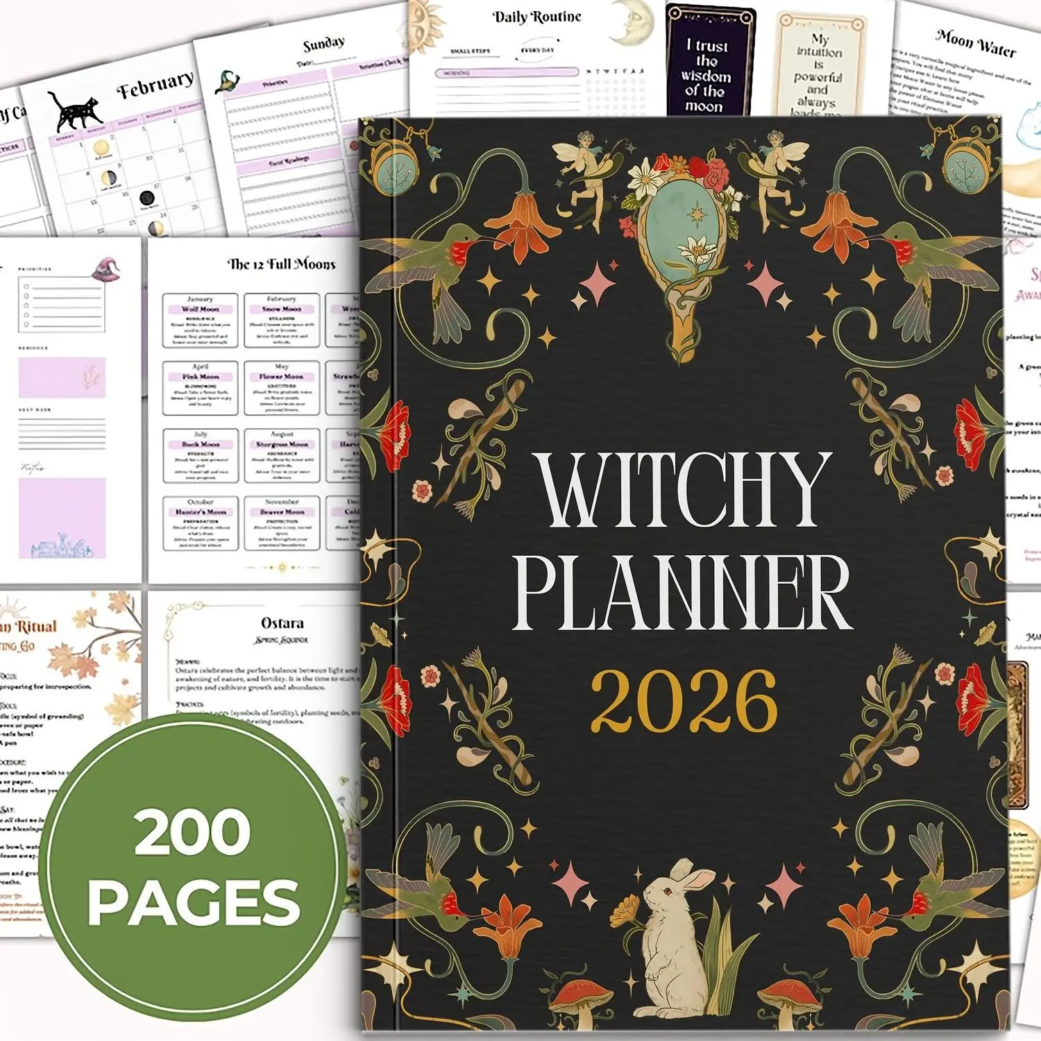 2026 Magic Planner with Moon Phases, Zodiac Layout, Gothic Journal, Ritual Tips, Gratitude Log, Goal Setting, Wicca Rituals, Witchcraft Diary