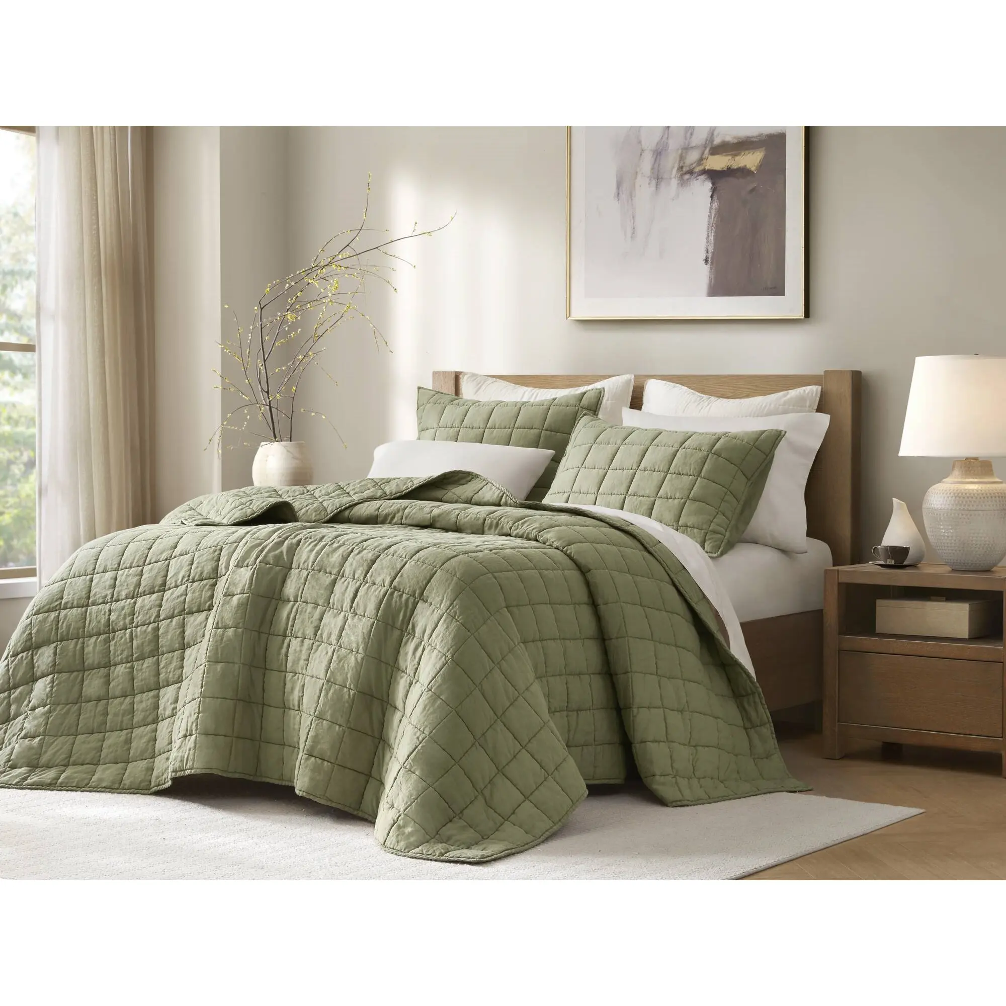 Nokaa 3-Piece King/Cal King Linen Garment Washed Quilt Set Olive Green Soft Lightweight Breathable Bedding Coverlet with Shams for Master Bedroom Guest Room All Season Use