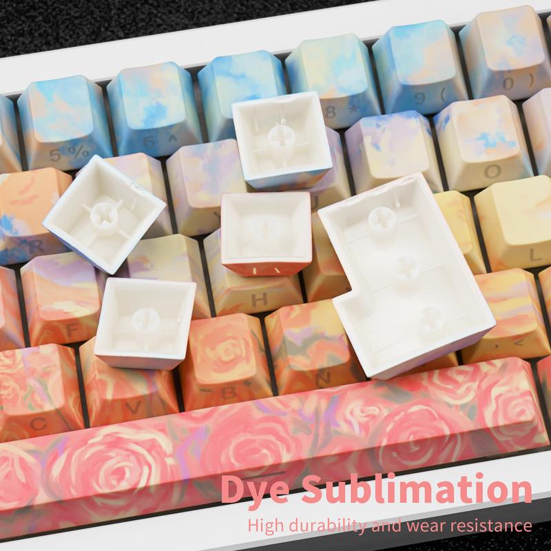 Rose Coast Gradient Oil Painting Style PBT Keycaps Compatible with 61/64/87/104/108 Cherry Switches Side-Engraved Transparent Keycaps Five-Sided Dye-Sublimation Custom Mechanical Keycaps Wear-Resistant Non-Transparent
