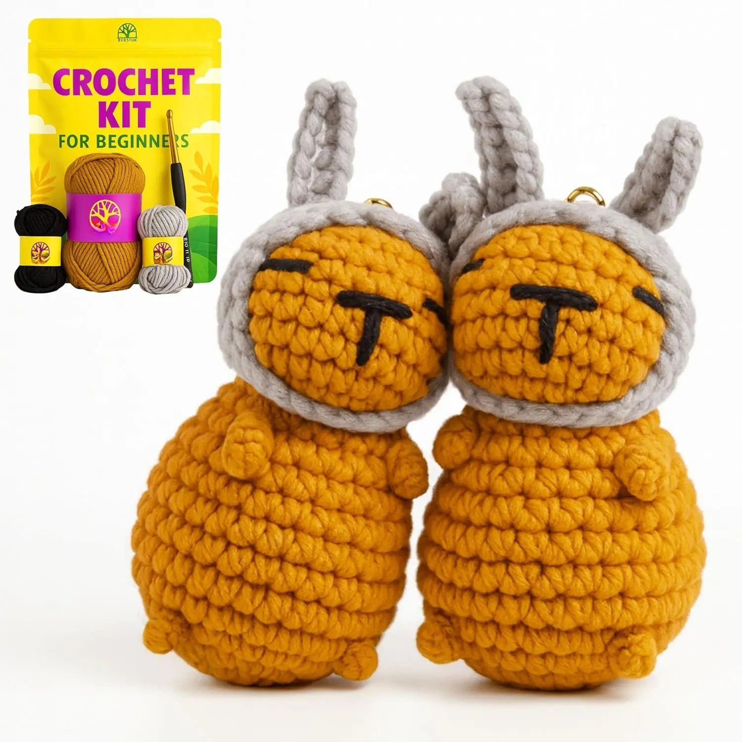 Capybara Crochet Kit for Beginners, 2 Easy Amigurumi Capybaras, Bunny Ears | Easy amigurumi capybara kit with  yarn, hook, stuffing & keychains. Crochet Wiggles & Pompom with video tutorials