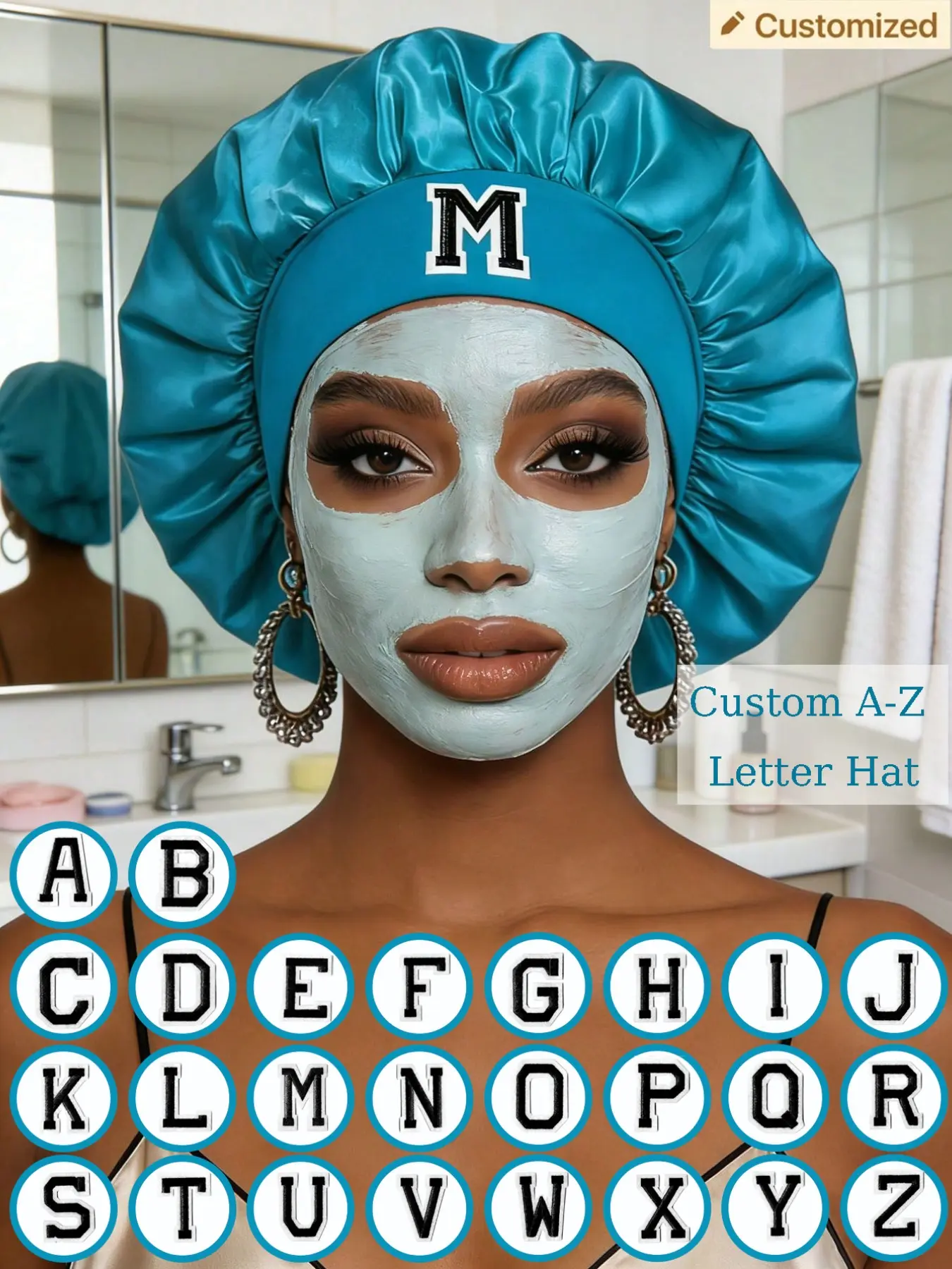 1PC Sky Blue Satin Sleep Bonnet, Customizable A-Z Alphabet Head Wrap, Soft Night Home Hair Turban For Washing & Indoor Daily Use, Nice Gift Item For Birthday And Holiday Presents To Friends And Family