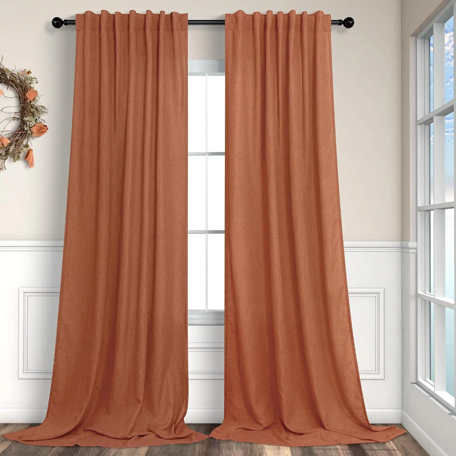 Boho Curtains for Bedroom 2 Panels Rust Terracotta Colored Rod Back Tab Door Curtains Sheer Bohemian for Living Room Ceiling to Length Wide 52 x 96 Inch Long