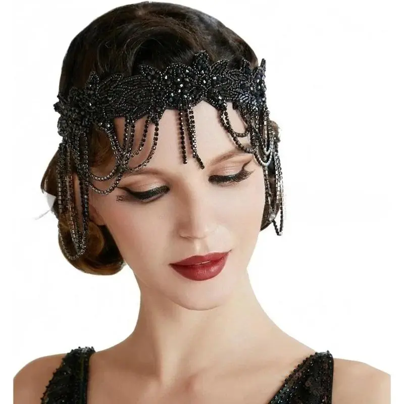 1920S Headband Headgear Prom Hair Accessories Great Gatsby Halloween Prom Rhinestone Fringed Hair Accessories Headband