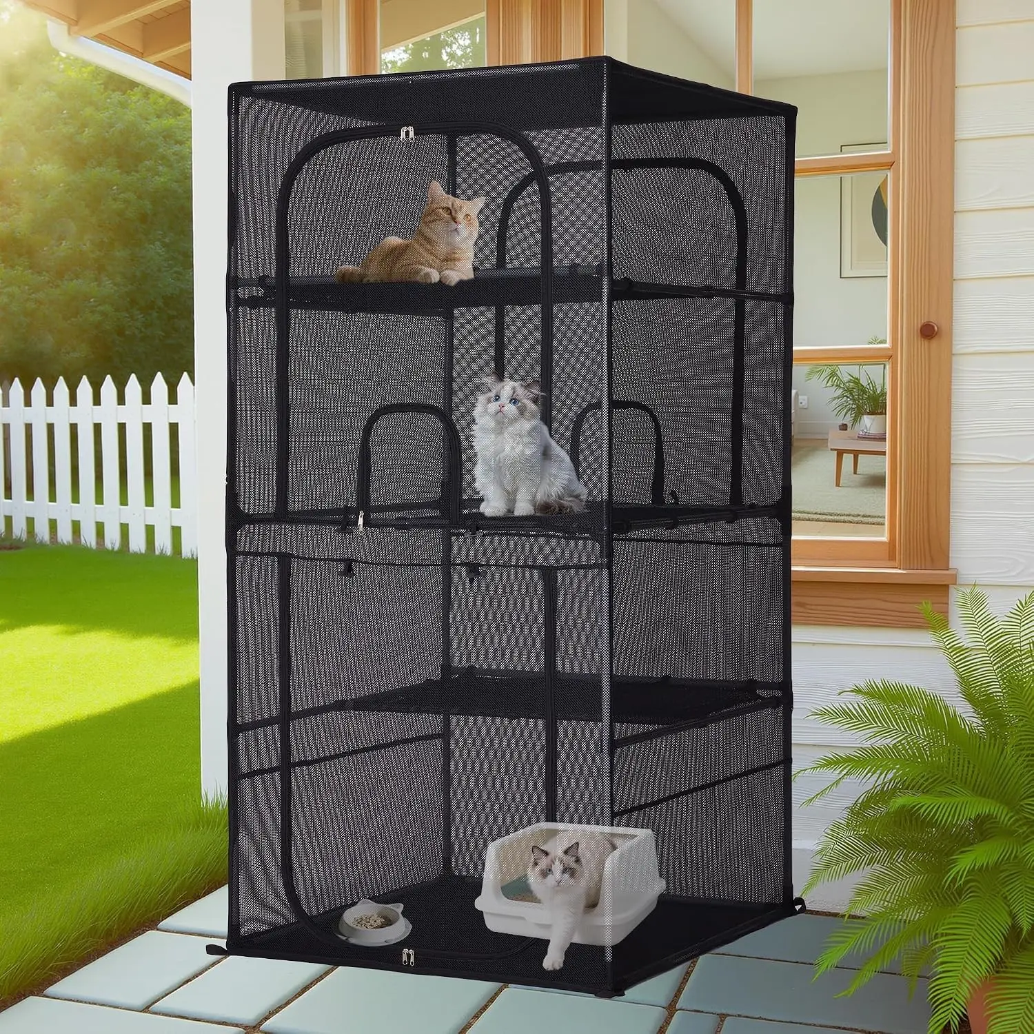 Catio Outdoor Cat Enclosure Window 61.4" H Large Cat Cage with Perches 4 Tiers Cat Patio Playpen Kitten Kennel for Multiple Indoor Cats