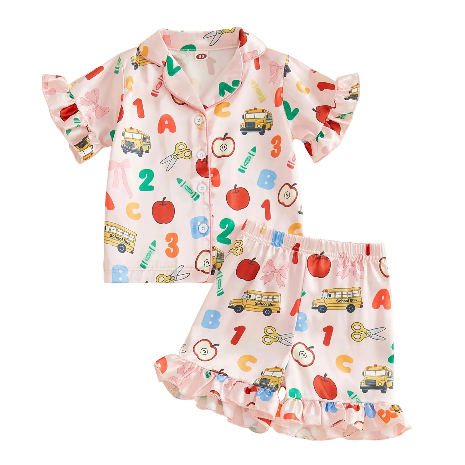 Toddler Baby Girl Back to School Stain Pajama Set Ruffle Sleeve Apple Bow Pencil Print Button Down Shirt Tops and Shorts Kids Silk Sleepwear Loungewear