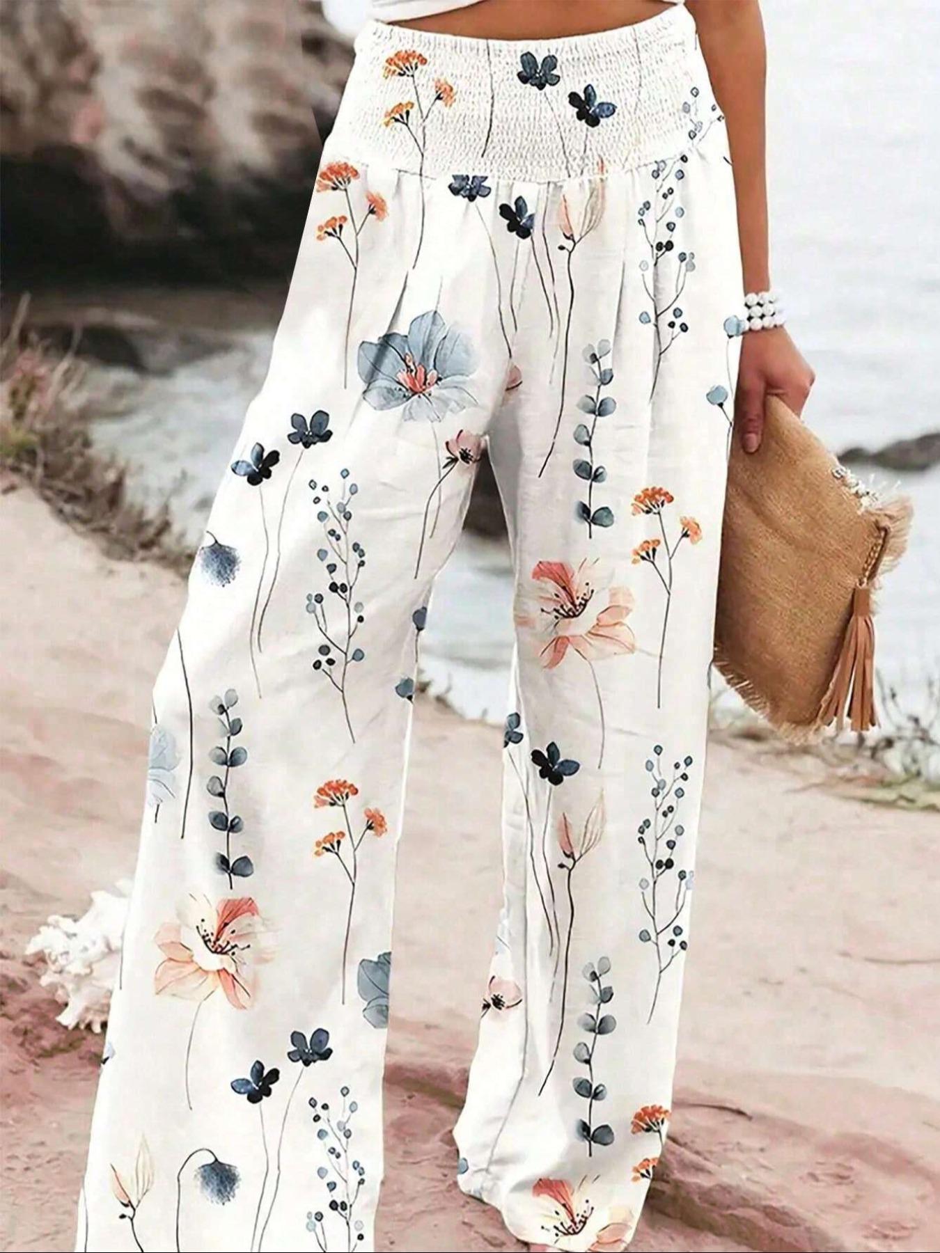 Women's Patchwork Print Elastic Waist Wide Leg Pants, Boho Bohemian Casual Trousers for Beach Vacation Holiday, Ladies Bottoms for All Seasons