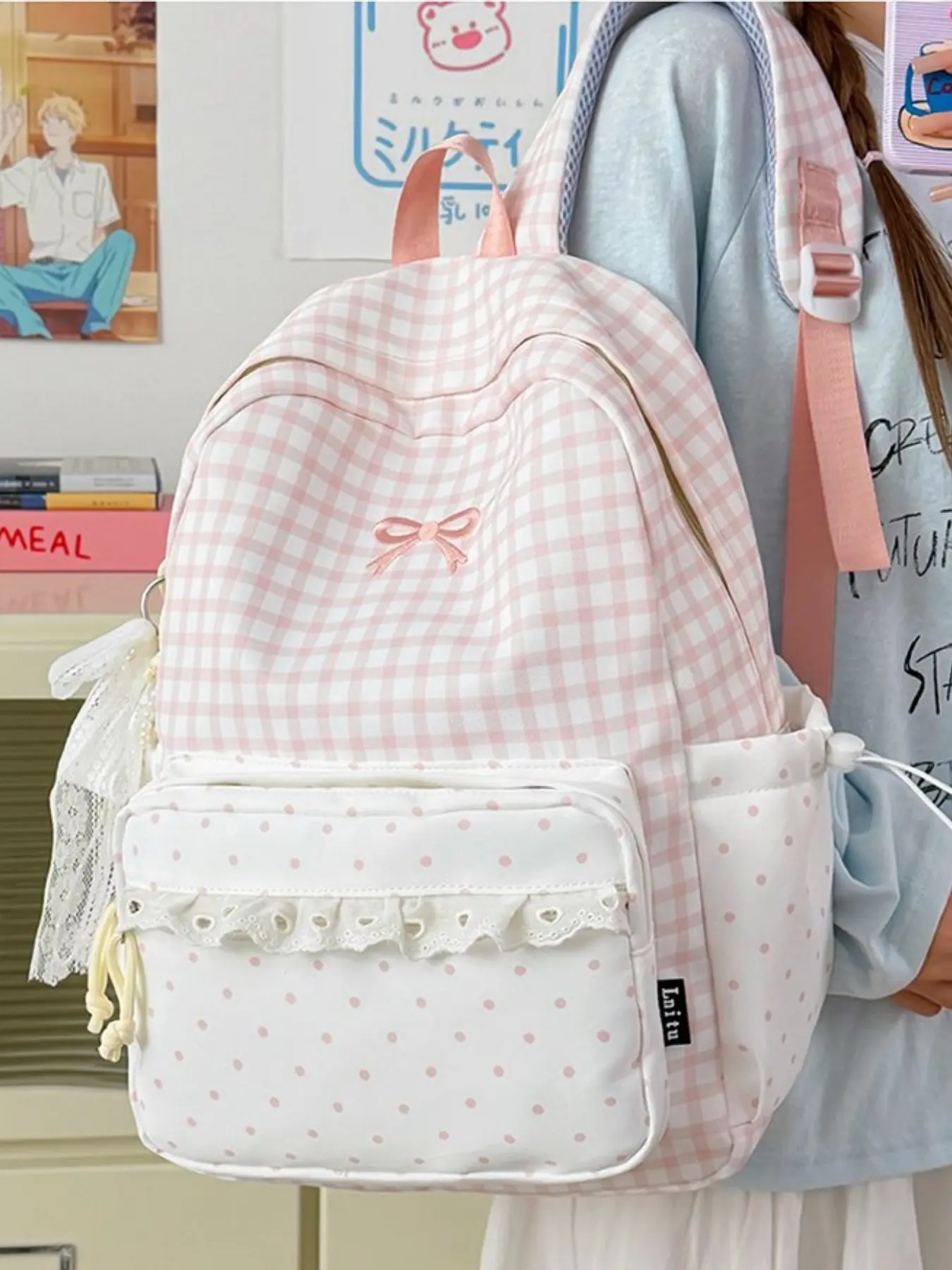 Grid Bowknot Lace Backpack, Girl Student Bag, High School Opening Day Backpack, Soft Commute Backpack, Birthday Gift, Travel Backpack