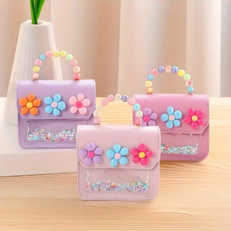 Girls' Pink Floral PU Leather Handbag - Beaded Handle, Snap Closure, Lightweight, Nature-Themed Artsy Bag for Playful Look