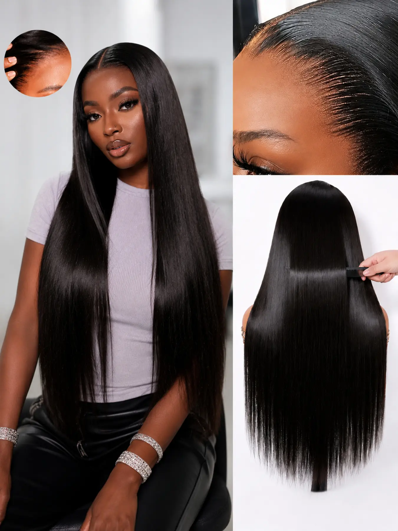 [Ribacee] 28-inch straight wig, pre-cut, glue-free wig, upgraded straight wig, invisible drawstring wig with adhesive tape, 200 density, ear-to-ear forehead wig for women, natural, natural looking hair, comfortable, lightweight, glue-free