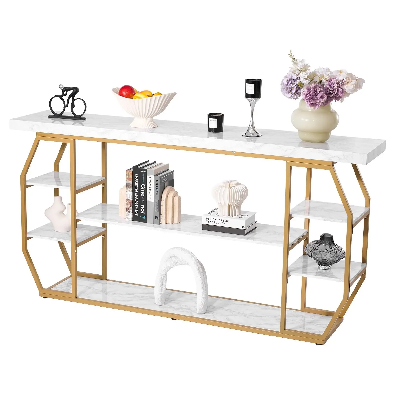 Three-Tier Marble Console Table With Modern Golden Geometric Design, Large Entryway And Living Room Console, Space-Saving Accent Furniture, Durable Metal Frame, Polished Marble Surface, Elegant Home Decor