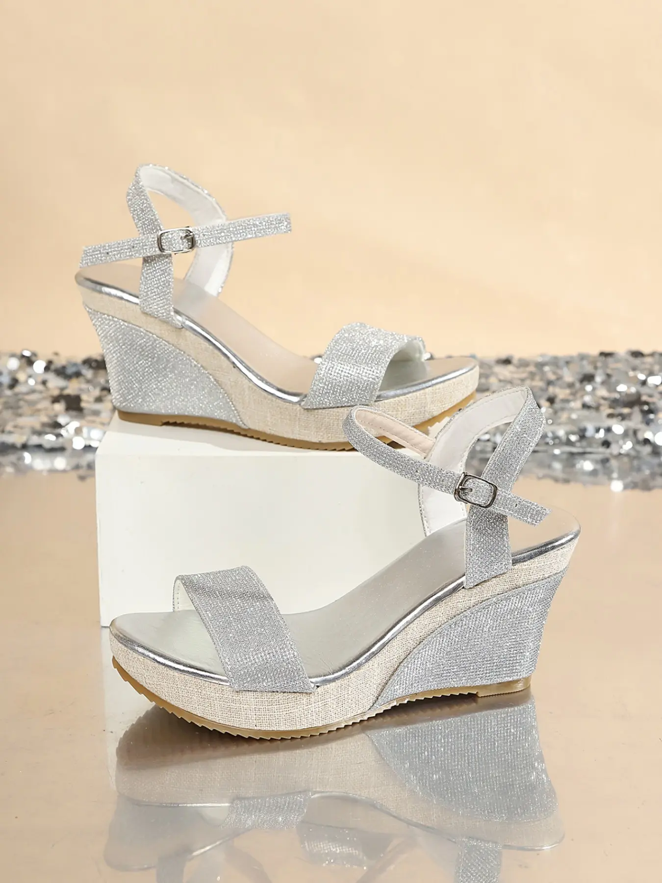 Women Glitter Single Strap Open Toe Adjustable Ankle Strap Cork Platform Wedge Sandals, Non-Slip Cushioned Sparkly Wedge Heels, Wedding Vacation Party Summer Dressy Footwear, 2 Colors Gold Silver