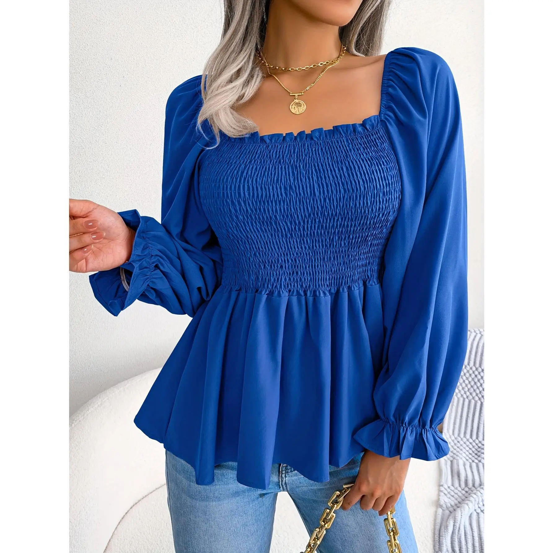 Spring/Summer European and American Casual Elegant Square Neck Flared Long Sleeve Ruffle Waist-Cinching Top