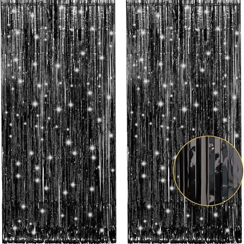 2 Pack 3.3ft x 8ft Metallic Foil Fringe Curtains, Shiny Tinsel Streamer Backdrop for Photo Booth, New Year Halloween Bachelorette Birthday Holiday Party Decorations