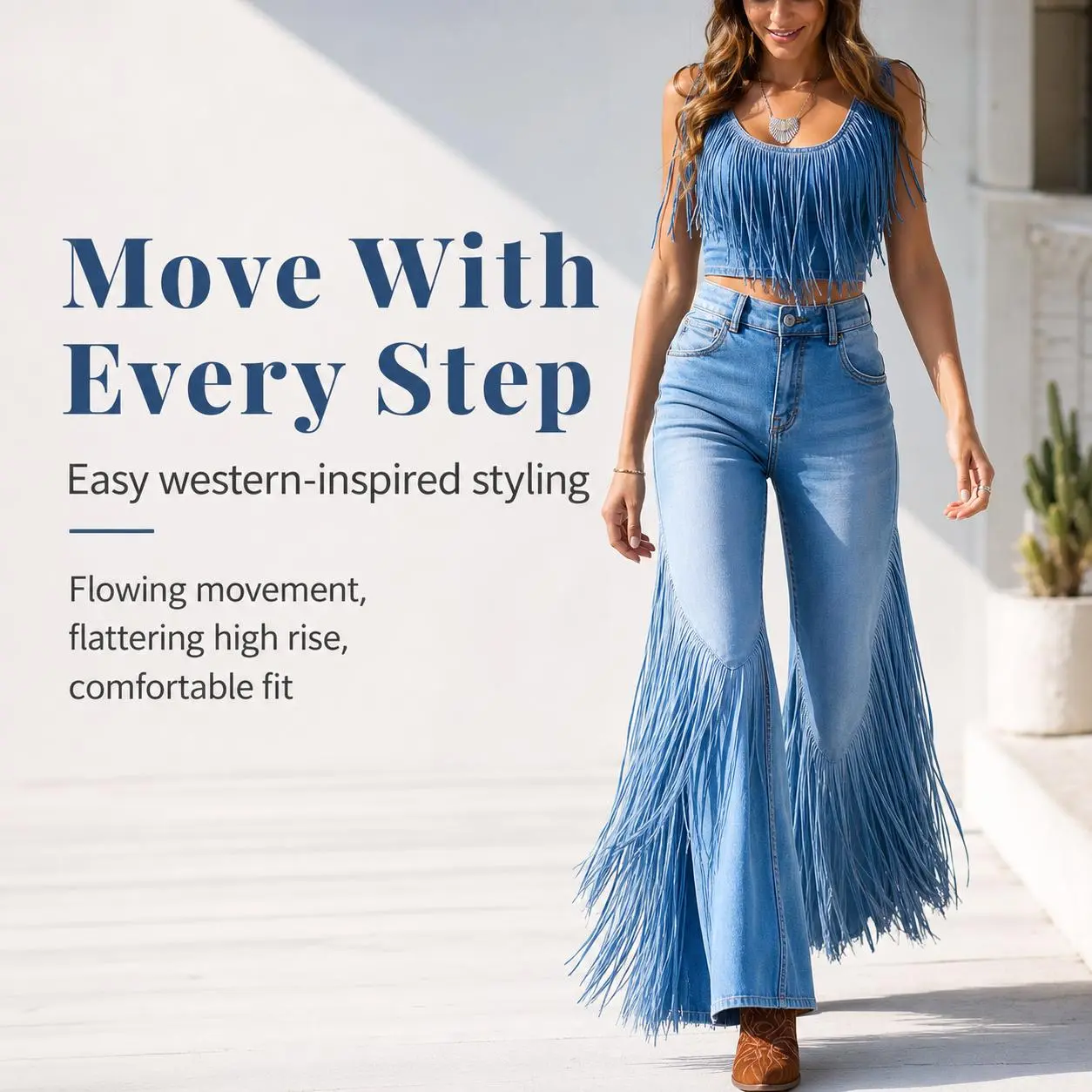 Women Light Wash Fringe Flare Jeans, High Waist Western Cowboy Tassel Bell Bottom Denim Trousers