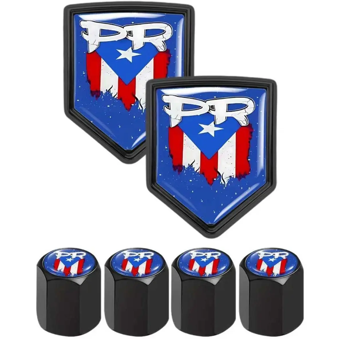 2-Pack Puerto Rico Starry Shield Car Decals & 4-Pack PR Flag Valve Stem Caps Set, Glossy Dome Auto Accessories, Universal Vehicle Decor for Cars Trucks SUVs