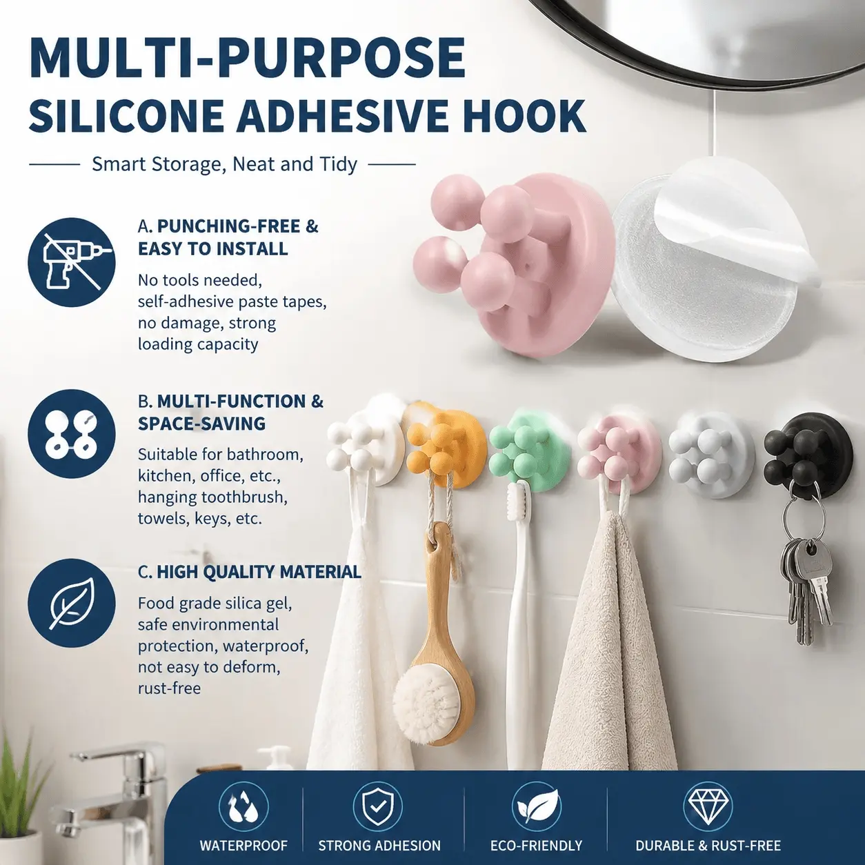 Multifunctional Silicone Wall Hooks 2-Pack: Strong Adhesive Bathroom Kitchen Organizer for Toothbrush Keys Cords. No-Slip Waterproof Damage-Free, Easy Mount Home Office Storage Solution.
