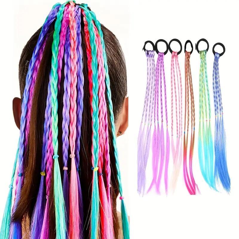 Colorful Braided Hair Ties, 6-Count Set Hair Extensions with Rubber Bands, Mixed-Color Hairpiece, Heatless Styling Tools for Women & Girls, Faux Locs Braids