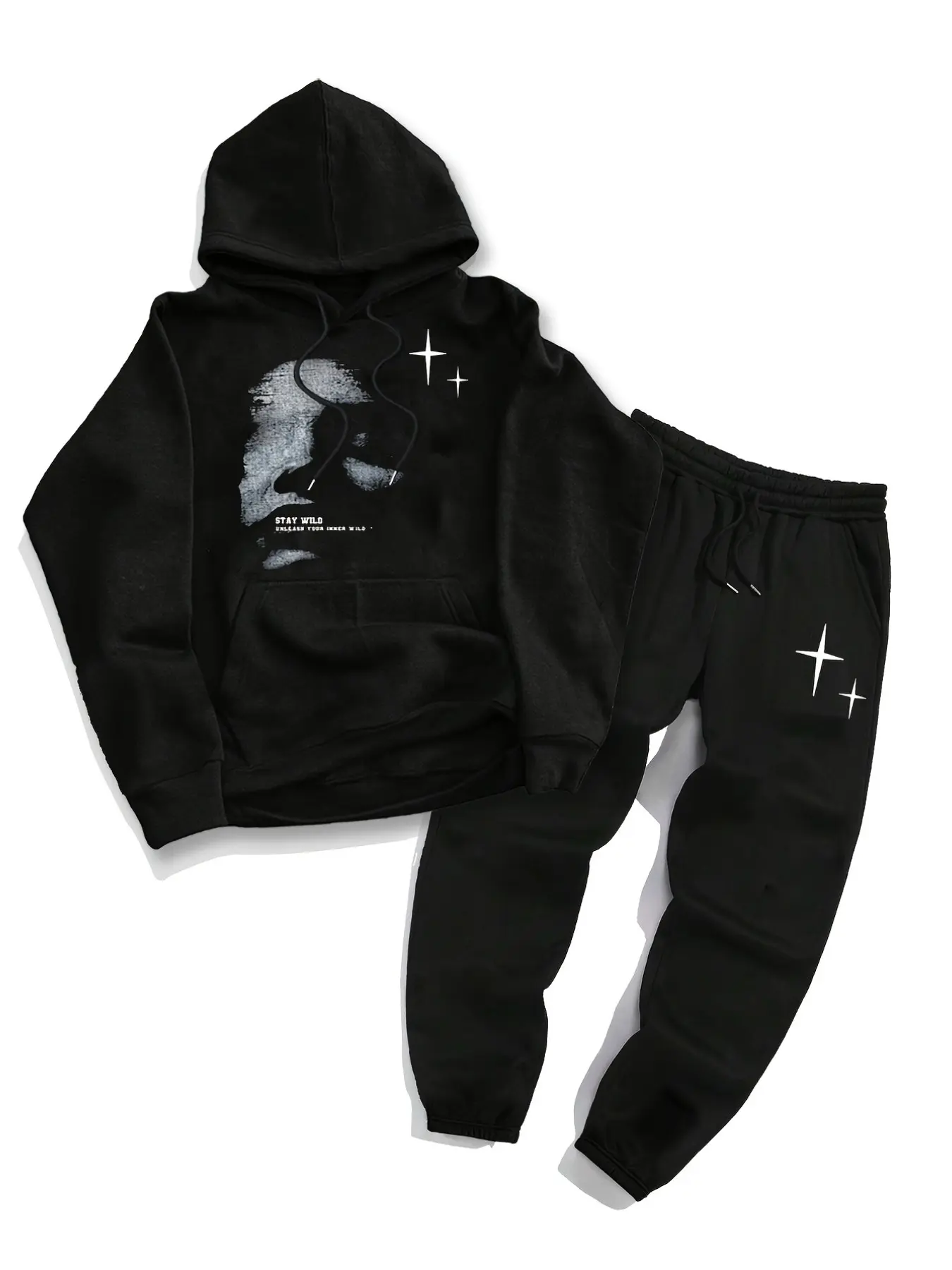 Men Black Graphic 2 Piece Tracksuit Soft Stretchy Hoodie & Jogger Pants Set Minimalist Portrait Print Star Details Small Text Logo Drawstring Waist Cuffed Trousers Loose Oversized Fit for Daily Casual School Campus Gym Jogging Weekend Hangout Streetwear O