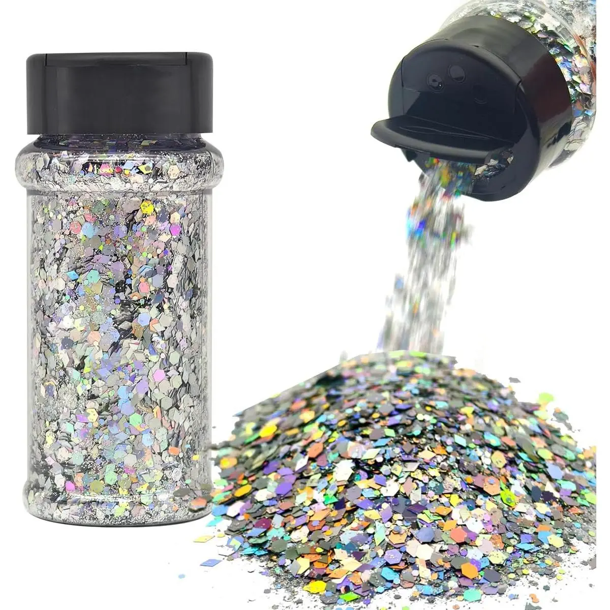 Silver Holographic Craft Glitter 2oz Glitter Shaker Bright Colorful Mix Chunky Bulk Body Glitter 24 Colors in Shaker Cosmetic Grade Glitter
