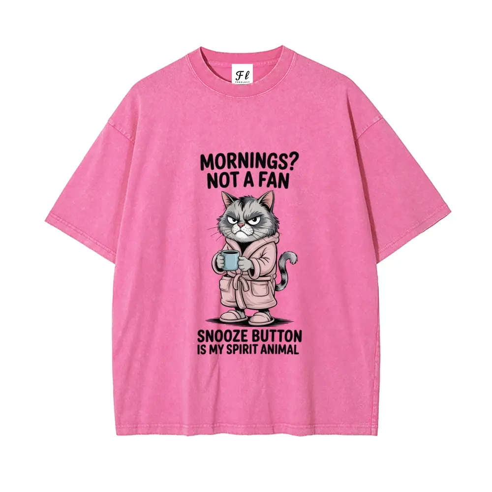 Men Women Vintage Acid Washed Pink Short Sleeve T-Shirt, Funny Grumpy Cat Coffee Mornings Not A Fan Graphic Crewneck Oversized Washed Cotton Tee, Lazy Morning Sarcastic Animal Lover Casual Daily Tops S-5XL