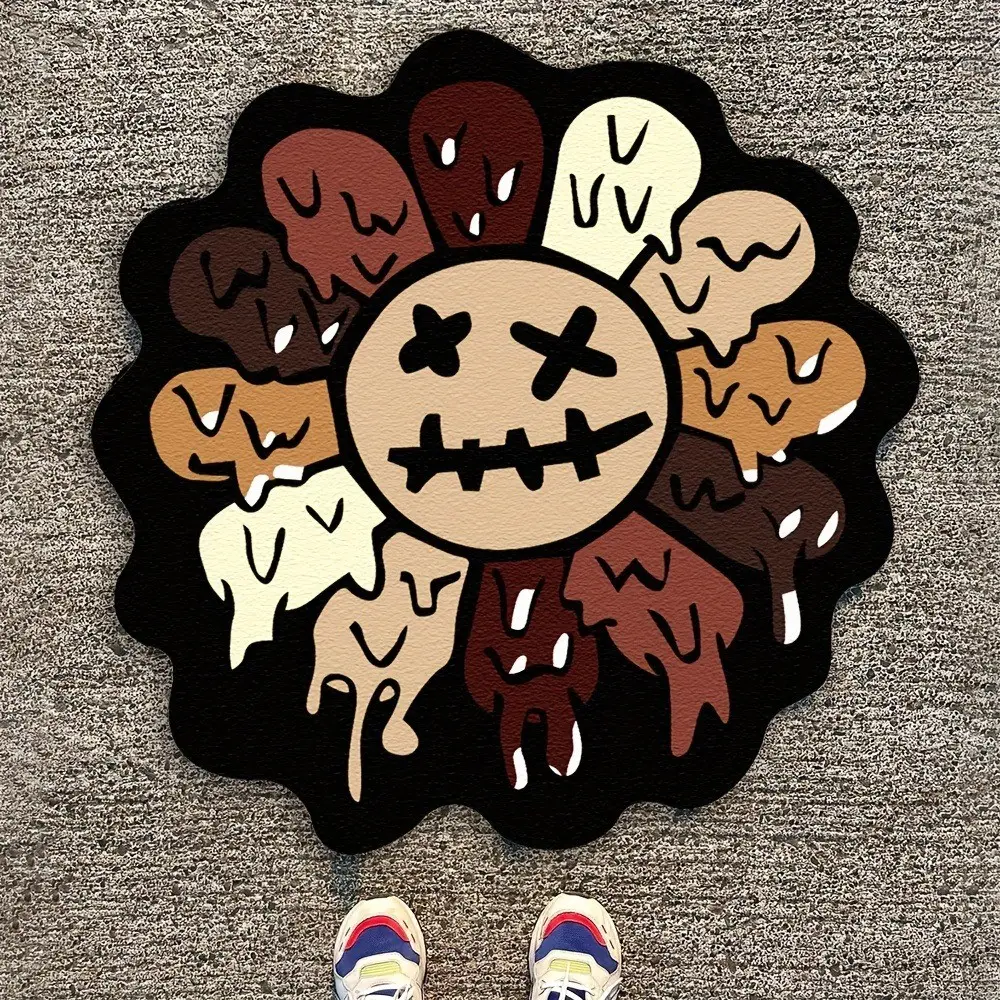 Dark smiley face floral rug, Round floral rug, Gothic decorative carpet, Creative floral pattern mat, Fashionable floral mat, Soft plush entrance rug, Suitable for living room, bedroom, Fluffy rug, Casual area rug, Floral area rugs