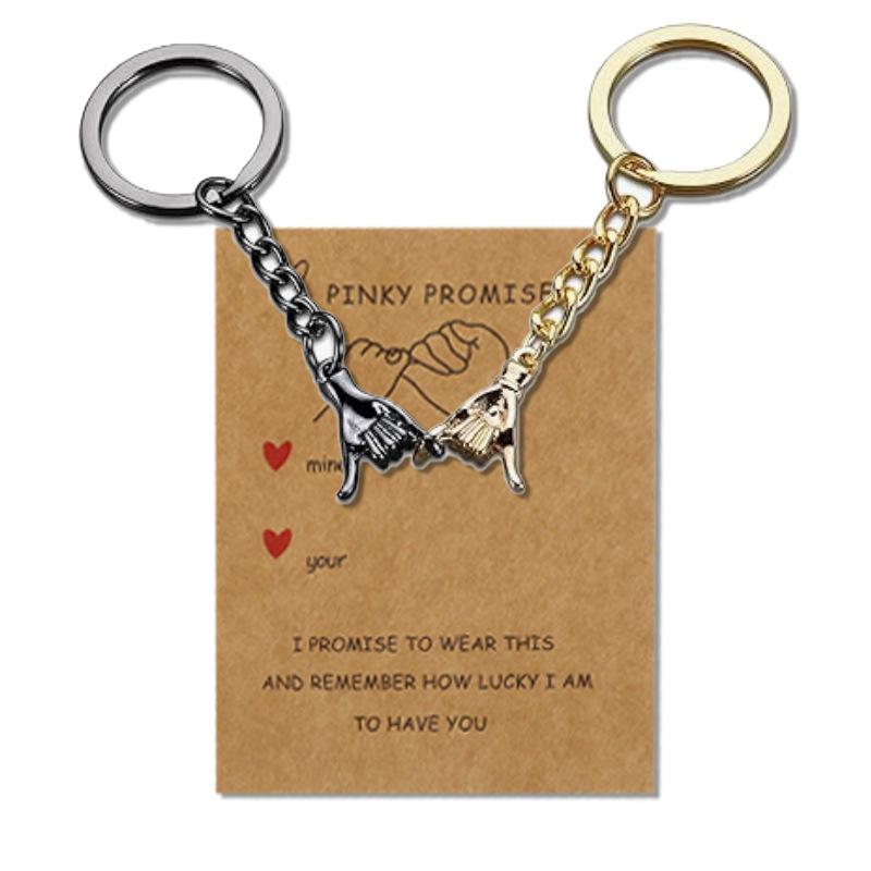 Pinky Promise Matching Couple Keychain Set, Interlocking Hand Metal Key Ring, Romantic Valentine's Day Gift for Boyfriend Girlfriend