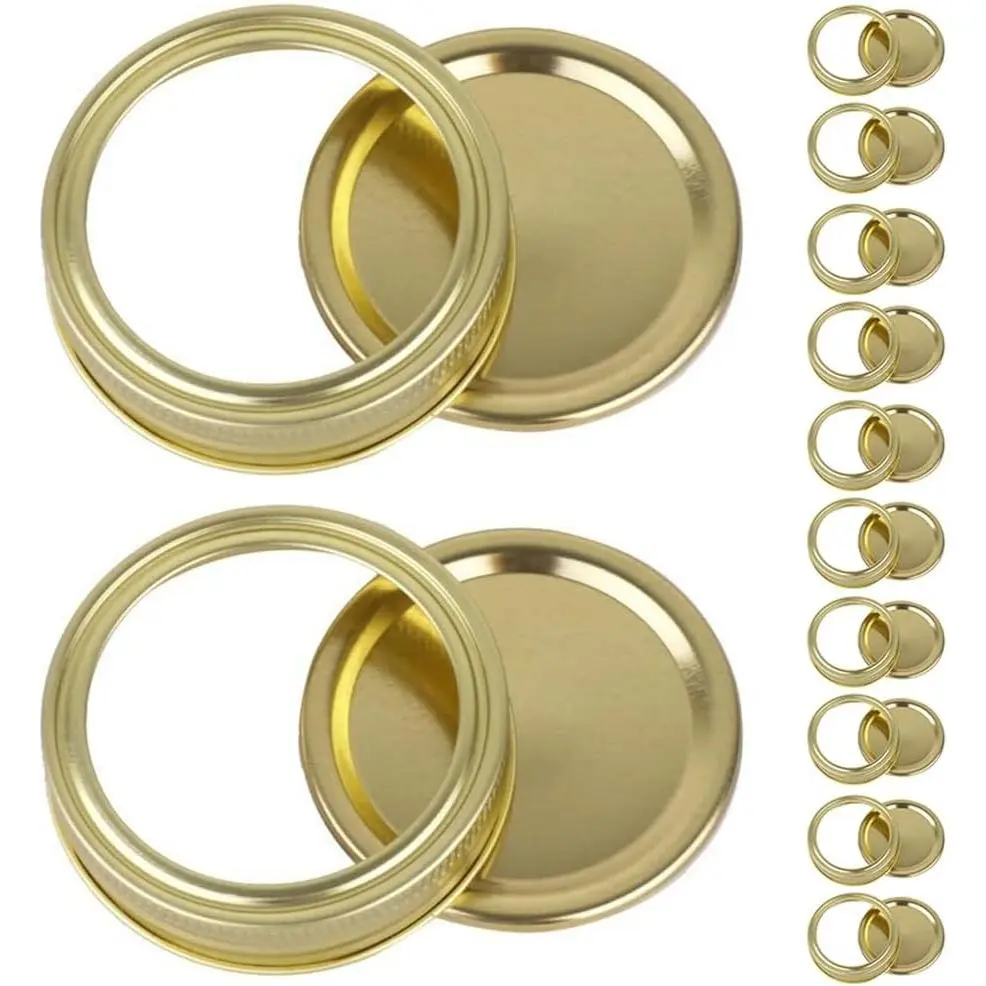 24Pcs/12 Sets Regular Mouth Canning Lids for Ball, Kerr Jars, Premium Mason Jar Lids with Bands/Rings for Regular Mouth Mason Jars (Gold, 70mm regular mouth)