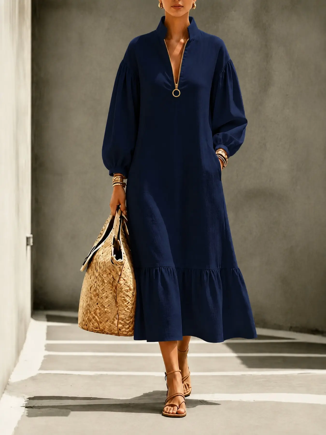 Women's Retro Long Dress, Half-Zip Stand Collar Ruffle Hem, Casual Office Vacation Dress, Solid Color, All Seasons
