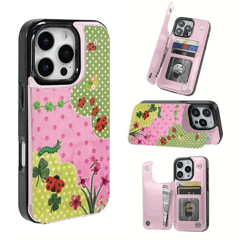 Pink and Green Polka Dot Ladybug Insect Card Holder, This phone case features a card slot function, can store bank cards, transit cards and other cards, suitable for iPhone 17/16/15/14/13/12, and makes a great gift for girls.
