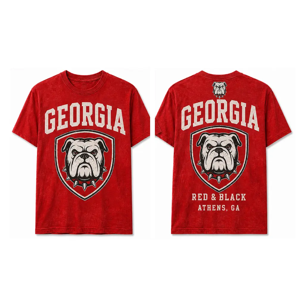 Georgia Bulldog Vintage Football Graphic T-Shirt, Red and Black Game Day Crew Neck Tee, Front and Back Print