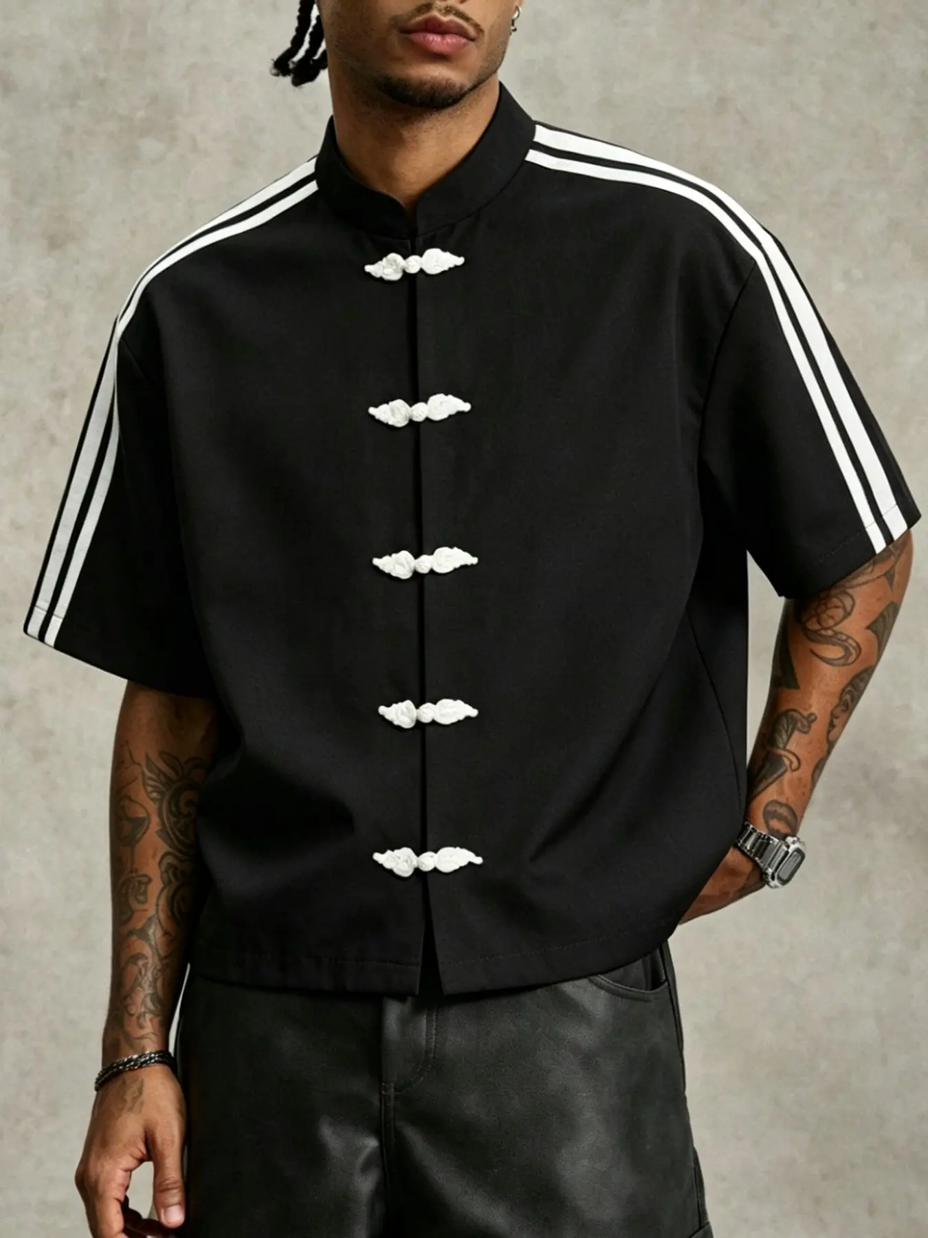 Men's Short Sleeve Mandarin Collar Shirt, Side Stripes, Vintage Tangzhuang Top, New Chinese Style Streetwear, Summer Casual Shirt, Classic