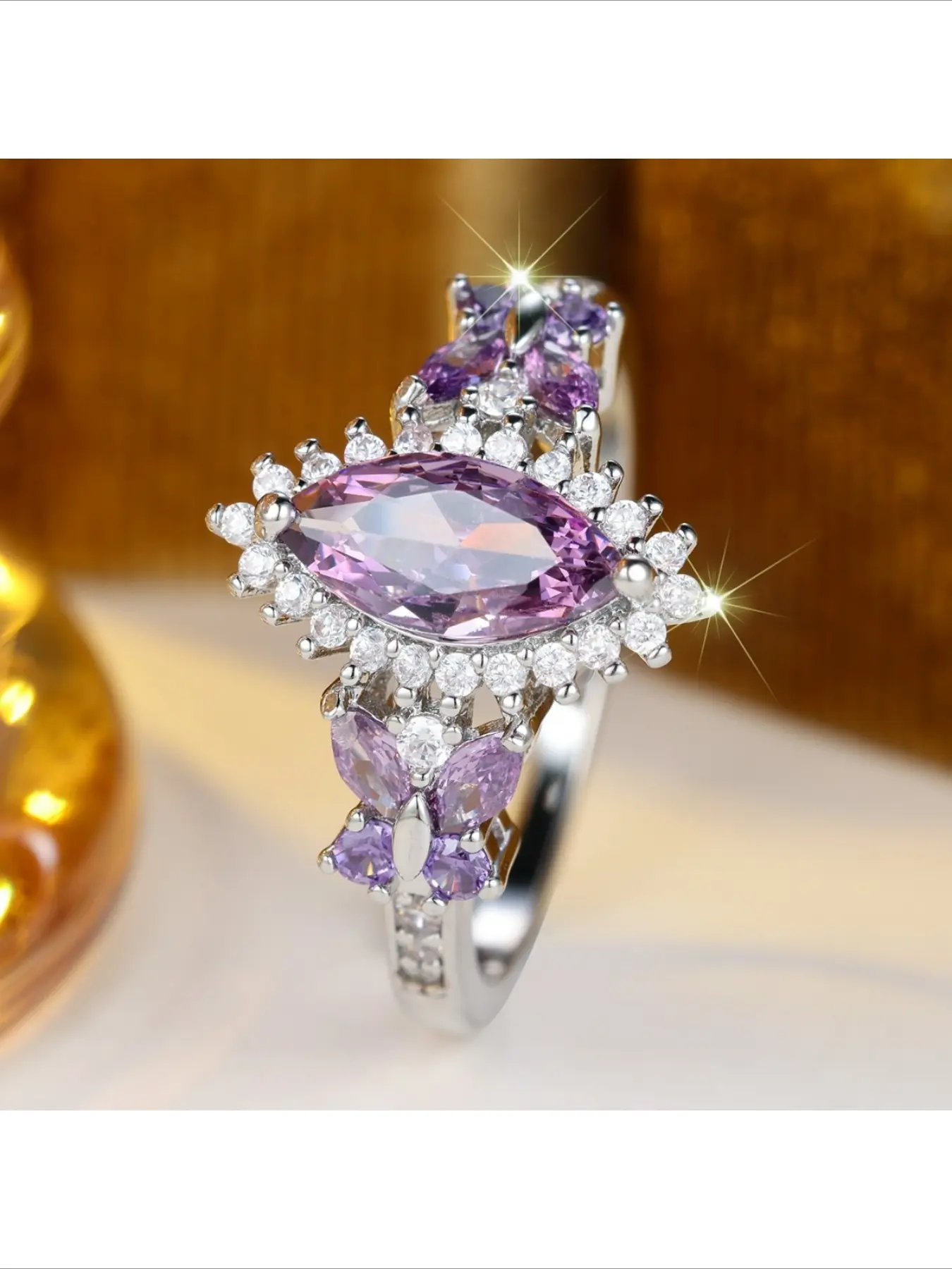 Popular Vintage Lavender Purple Marquise Cut Zircon Ring Up Down Butterfly Inlaid Diamond Small Shredded Diamond Thin Band Elegant Women Jewelry Perfect for Dating Party Holiday Gifts