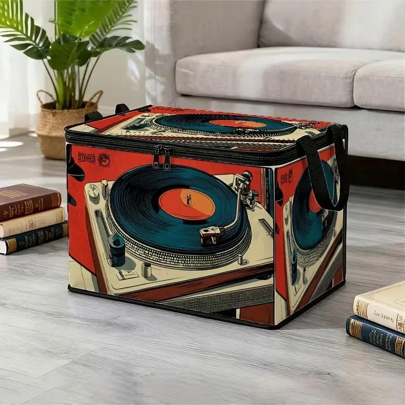 Vintage Vinyl Record Storage Box, Large Capacity, Dustproof Zipper Closure, Durable Handle, Home Decor, Music Lover Essential