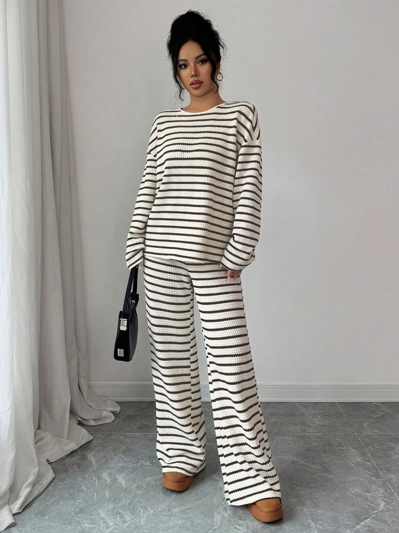 Women's Striped Casual Set, Loose Fit Tie-Back Striped Round Neck Long Sleeve Pants, Fall Fashion Streetwear, Daily Wear, Outdoor Leisure Clothing