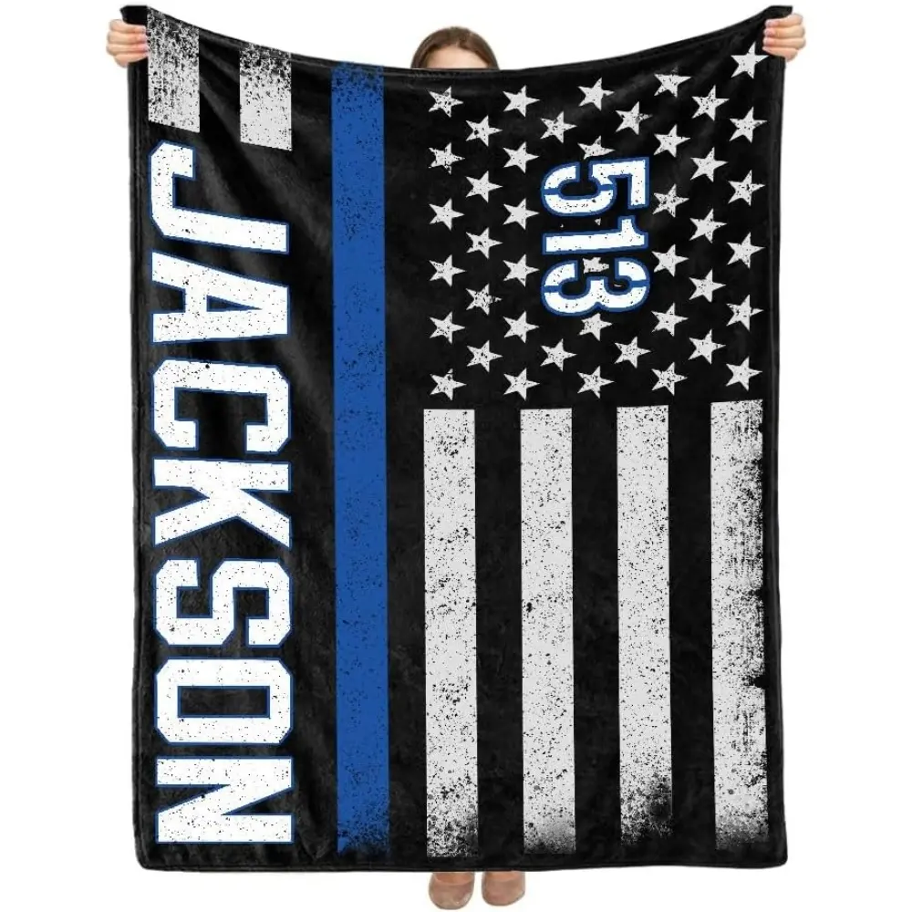 Personalized Police Officer Blanket, American Flag Police Blankets for Men, Thin Blue Line Blanket, Police Gifts for Police Officer