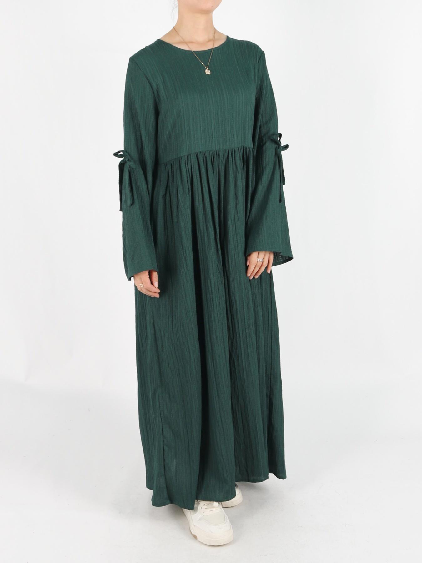 Women's Plain Bow Decor Feminine Flounce Sleeve Pocket Smock Dress, Casual Long Sleeve Round Neck Zipper Back Dress for Daily Wear, Ladies Clothes for All Seasons