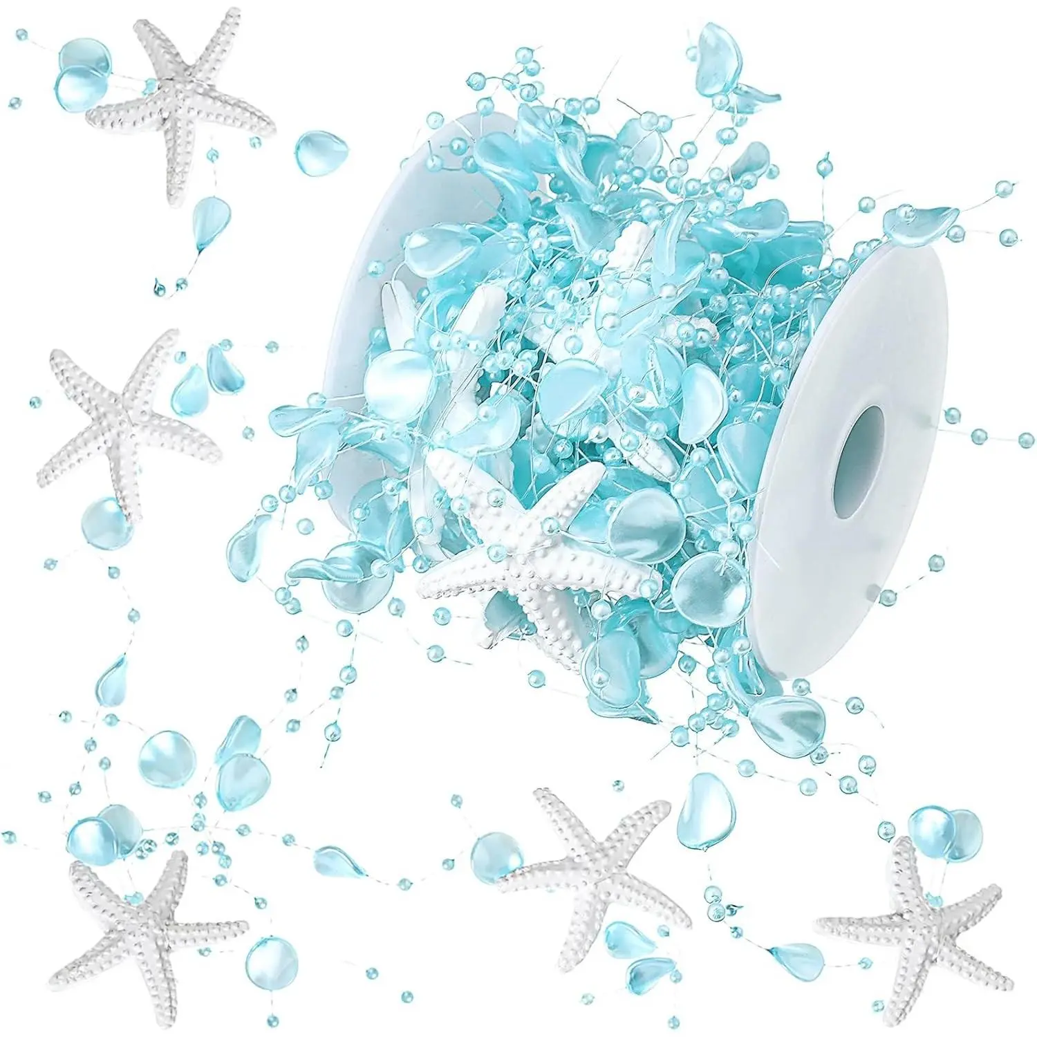 16ft Ocean Themed Beaded Starfish Shell Garland Coastal Beach Decor for Mantle Fireplace Summer Wedding Home Decor Blue