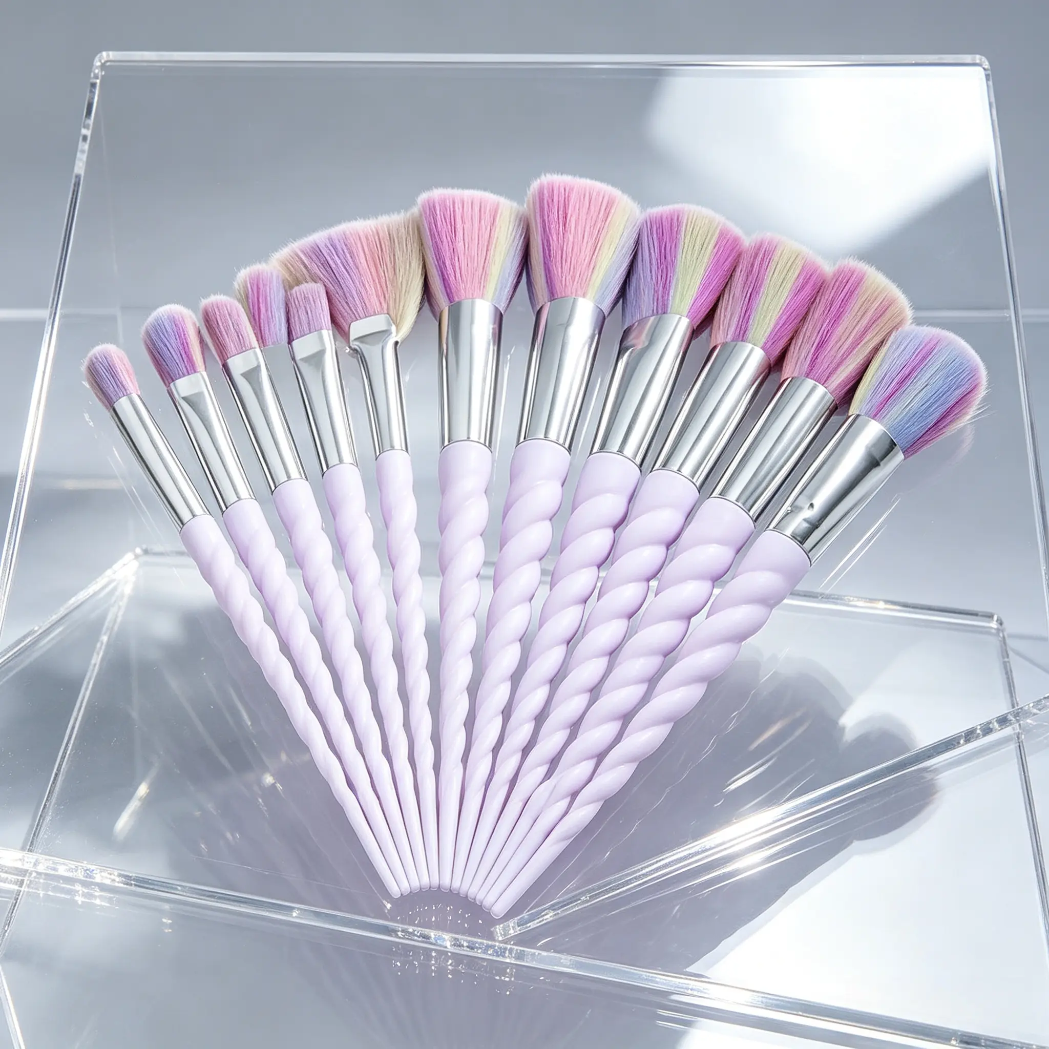 Full 10 Rainbow Twist Makeup Brushes, Soft Non-absorbent Hair Powder Blush Highlight Eyeshadow Concealer Brushes, Light Purple Twist Handle High Aesthetic Budget Kit For Students